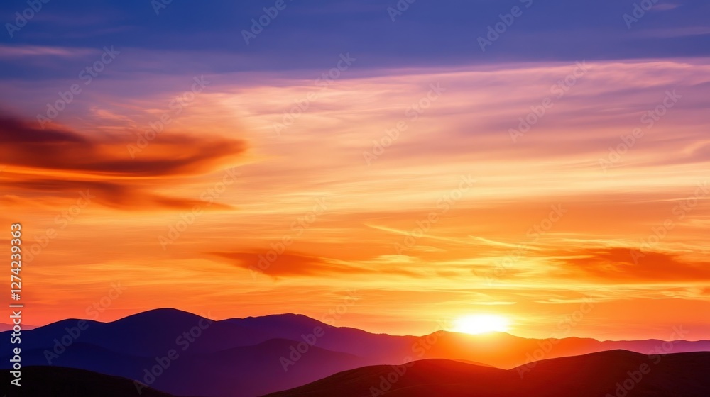 A breathtaking sunset over rolling hills, casting vibrant hues of orange, purple, and blue across the sky