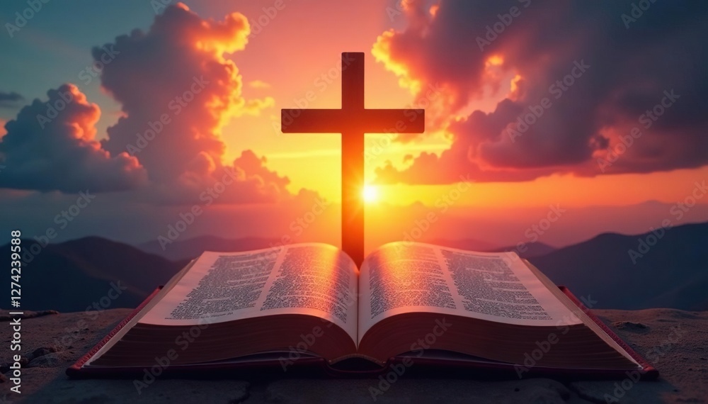 Sunset sky with a large cross above an open Bible, divine, spirituality Sunset sky with a large cross above an open Bible, divine, spirituality