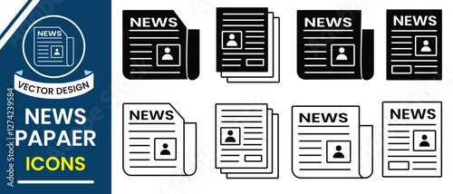 Newspaper icon, vector set. Silhouette of flat newspaper line icon. Newspaper vector illustration.