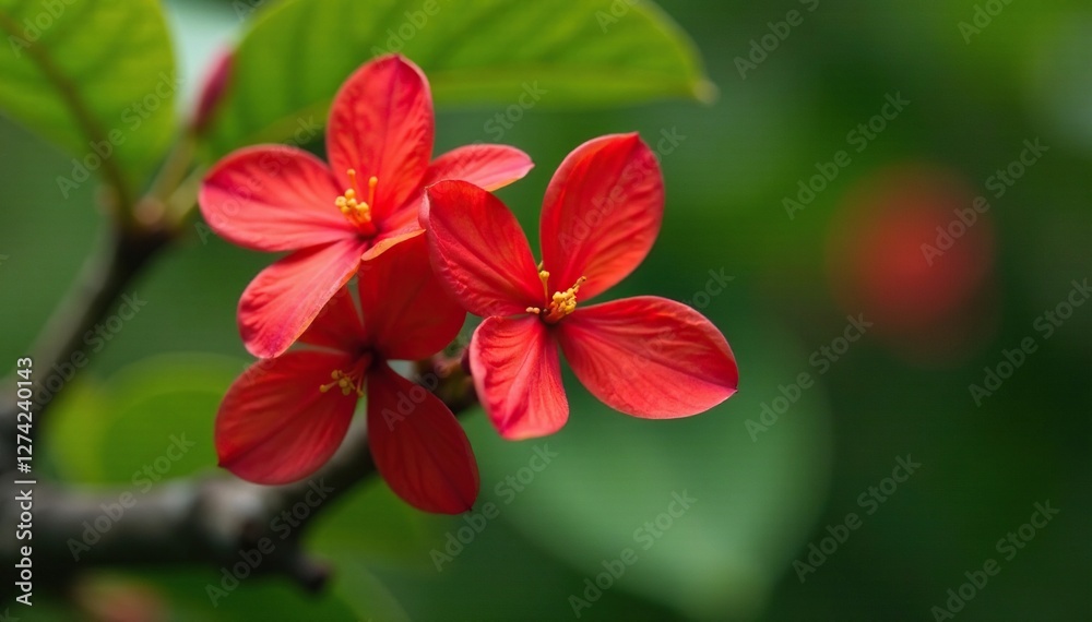 Naklejka premium Red antholyza aethiopica flower on tree branch, flower, leafy