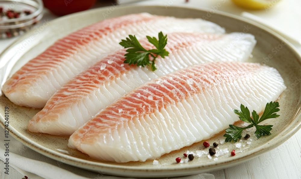Three fillets of fish are on a plate with parsley and pepper Three fillets of fish are on a plate with parsley and pepper