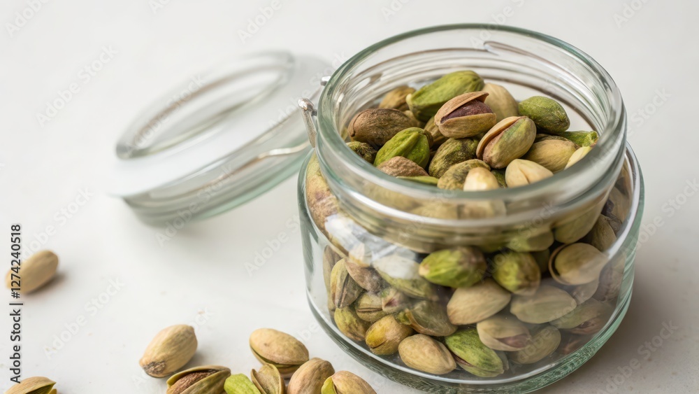 Pistachios in Glass Jar on White Background Pistachios in Glass Jar on White Background