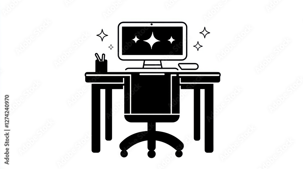 Clean workspace computer, desk, chair, office Clean workspace computer, desk, chair, office
