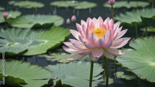 Delicate pink and white lotus flower bud on a Chinese waterlily pad , bud, pink, lotus flower photo