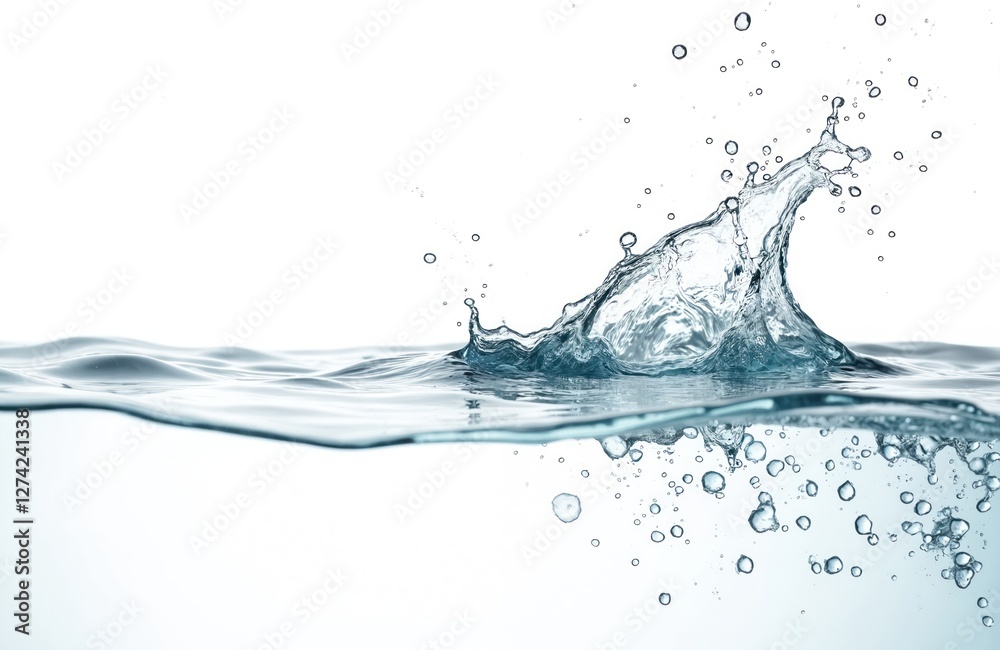 Water splash with bubbles on white background. Clean, refreshing water concept. Liquid motion with transparent droplets. Perfect for beverage ads, spa or wellness projects, hydration themes. Water splash with bubbles on white background. Clean, refreshing water concept. Liquid motion with transparent droplets. Perfect for beverage ads, spa or wellness projects, hydration themes.