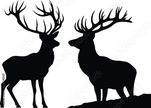 Black and white silhouette of a deer standing in profile with detailed antlers, bold contrast, minimalist wildlife vector design
