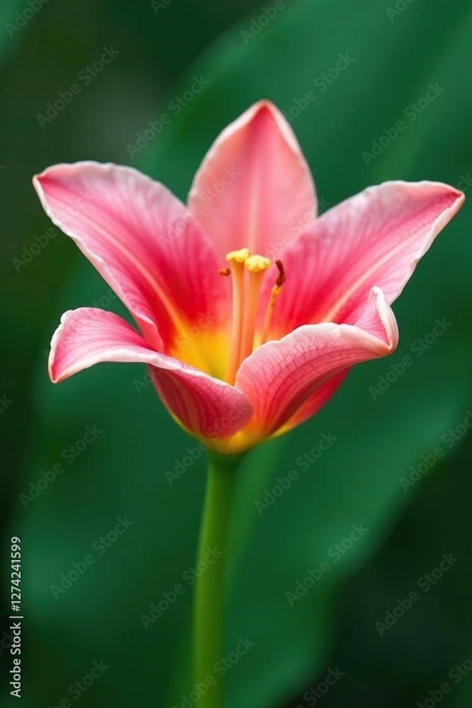 Delicate pink petals unfolding on a bright green stem, lily, summer Delicate pink petals unfolding on a bright green stem, lily, summer