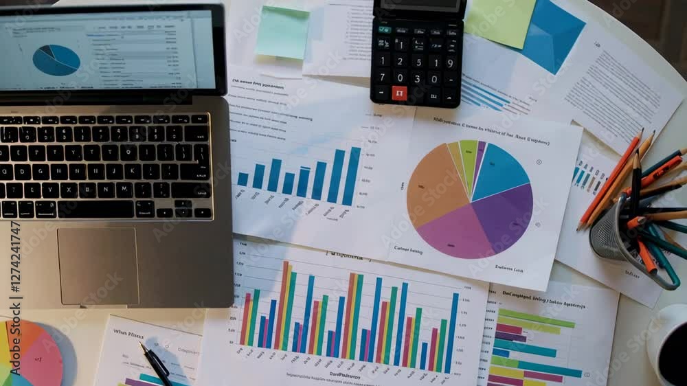 Marketing and finance documents with charts and graphs are laying on a white table with a laptop and calculator, captured in a slow motion sequence