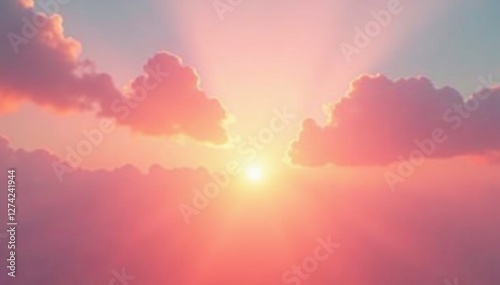 Soft pink and orange hues blend with rays of golden light in the sky, rays of light, calm