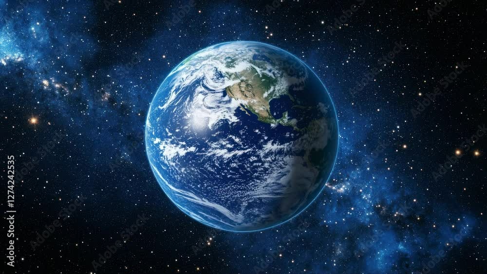 Aerial view of Earth from space, showcasing the planet against a starry backdrop. The video captures a serene, cosmic perspective. Aerial view of Earth from space, showcasing the planet against a starry backdrop. The video captures a serene, cosmic perspective.