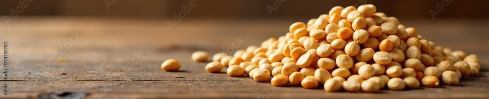 Wooden table with a pile of dried soybeans on it, dry, grains Wooden table with a pile of dried soybeans on it, dry, grains