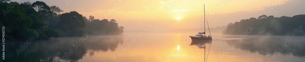 Yacht sailing on Bay Creek in the morning mist, calm, mist, morning Yacht sailing on Bay Creek in the morning mist, calm, mist, morning