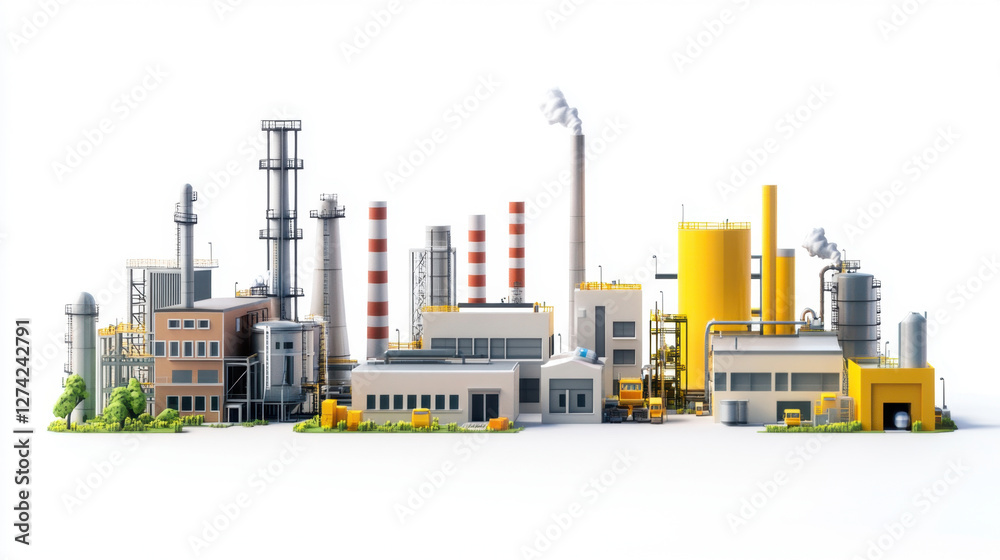 Obraz premium 3D illustration of a chemical factory with smokey towers. Conceptual global warming with buildings isolated on white background.