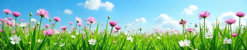 Fototapeta premium Field of lush garlic chives in bloom under clear blue sky, flowers, blue sky, garlic chives