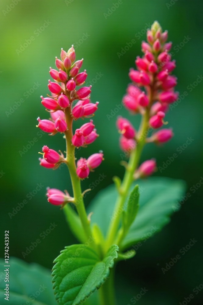 Stems with small pinkish-red flowers and green leaves, green, pink, microscopic Stems with small pinkish-red flowers and green leaves, green, pink, microscopic