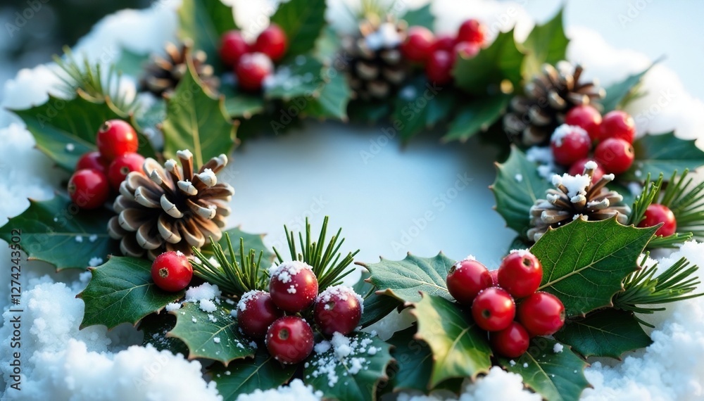 Wreath made of holly berries and pinecones in festive color, winter decorations, holiday decor, snowy scene Wreath made of holly berries and pinecones in festive color, winter decorations, holiday decor, snowy scene