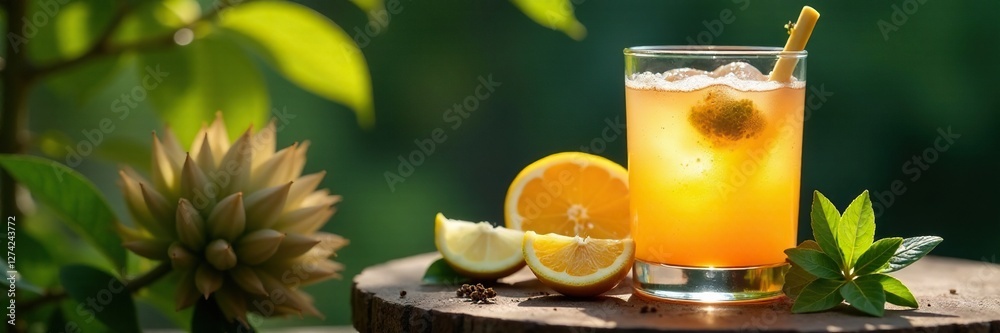 Fototapeta premium Kanna Sceletium in doypack beside citrus cocktail glass, relaxation, calm, herbalism