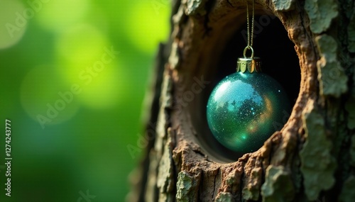 Feather and crystal ornament nestled in a tree's knothole, knotholes, greenery, nature photo