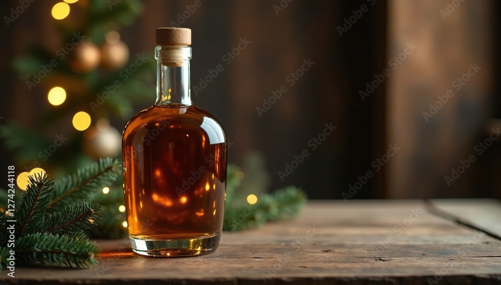 Wooden whisky bottle on rustic Christmas table, christmas, table, rustic Wooden whisky bottle on rustic Christmas table, christmas, table, rustic