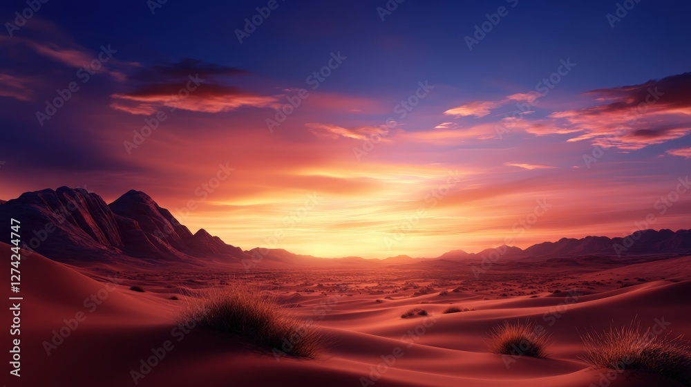 Naklejka premium A stunning desert landscape at sunset, showcasing vibrant hues of orange and purple illuminating the vast sandy dunes and distant mountains under a serene sky.