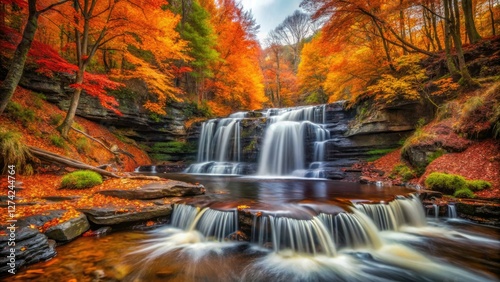 Ricketts Glen's autumn splendor: smooth waters, vibrant foliage, and cascading R.B. Ricketts Falls captured by drone. photo