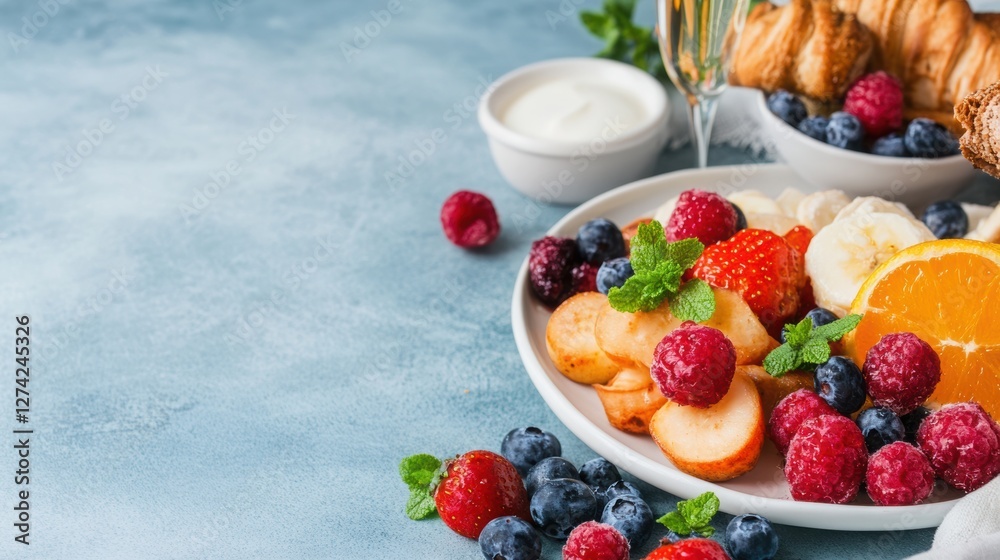 Festive brunch with champagne, space for text. Festive brunch with champagne, space for text.