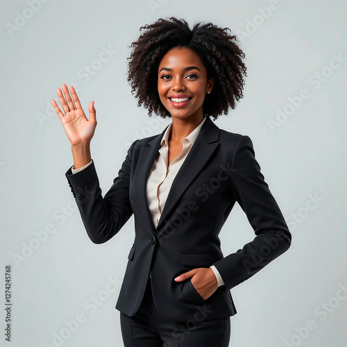 una secretaria sonriente y amigable que Viste un conjunto formal moderno sobre fondo completamente blanco photo