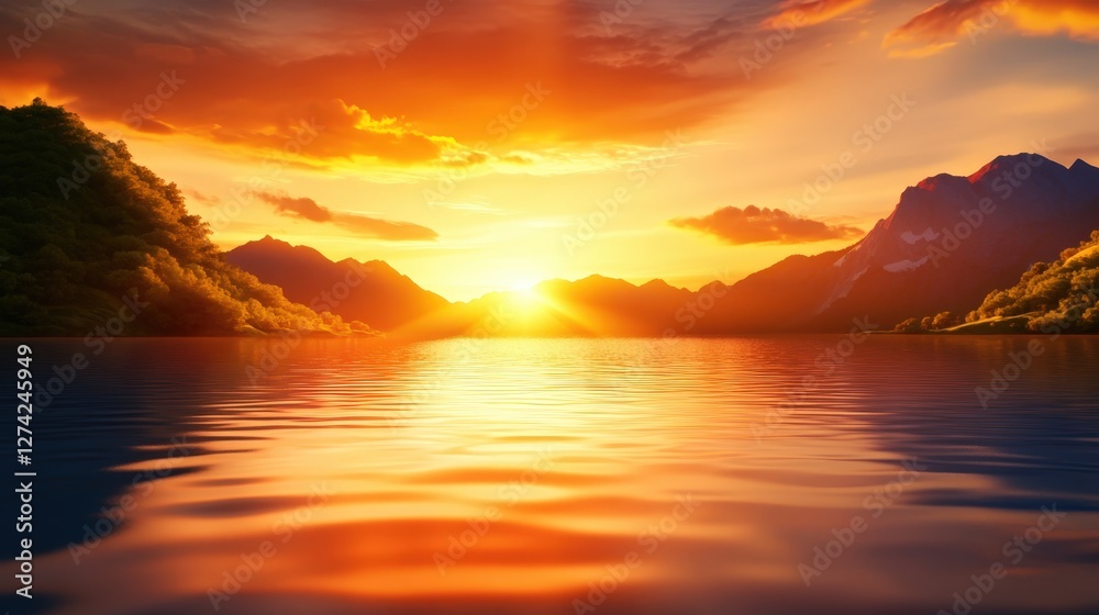 Fototapeta premium A stunning sunset over a serene lake, framed by majestic mountains. The vibrant colors of the sky reflect beautifully on the water, creating a picturesque and tranquil scene.