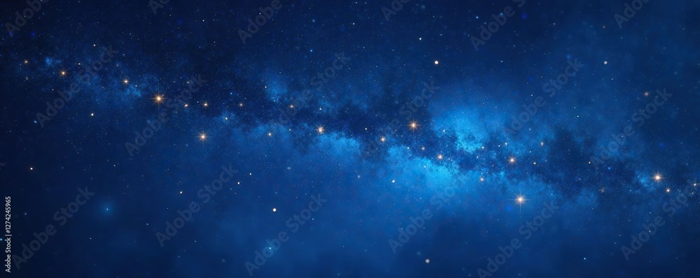 Deep blue night sky with scattered gold and blue stars shining brightly, blue, gold Deep blue night sky with scattered gold and blue stars shining brightly, blue, gold