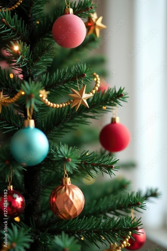 Decorated tree with paper ornaments and golden star garland, paper crafts, winter wonderland Decorated tree with paper ornaments and golden star garland, paper crafts, winter wonderland