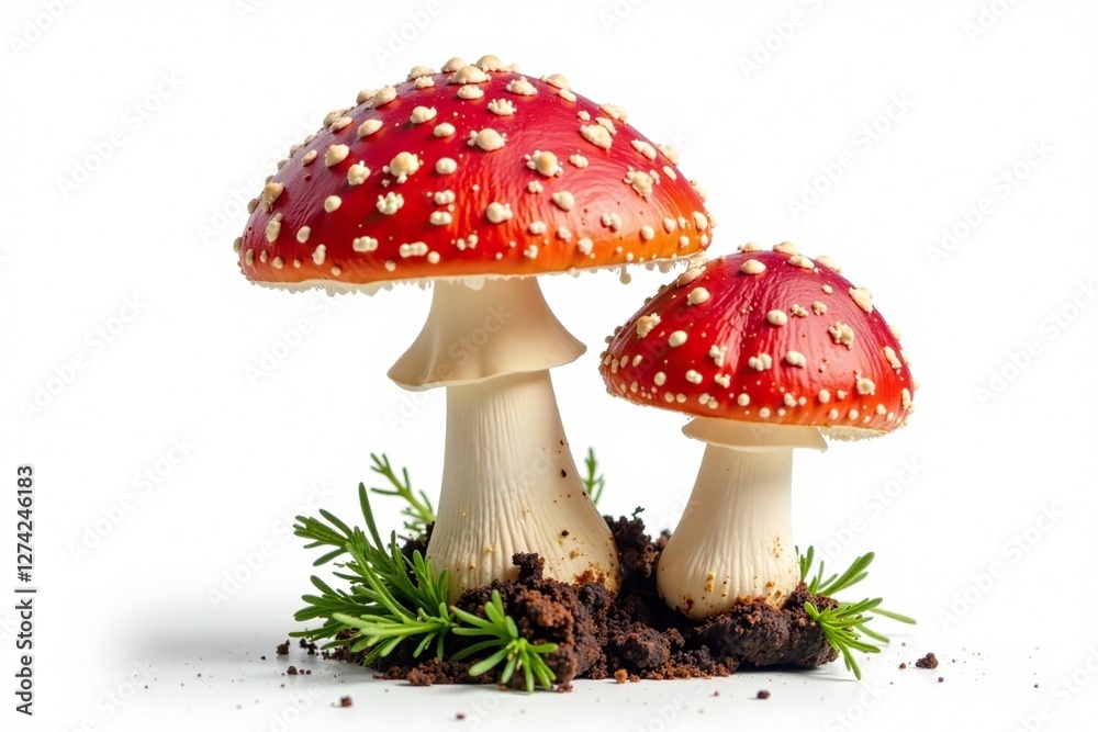 Red fly agaric mushrooms isolated on white background, nature, fungal Red fly agaric mushrooms isolated on white background, nature, fungal