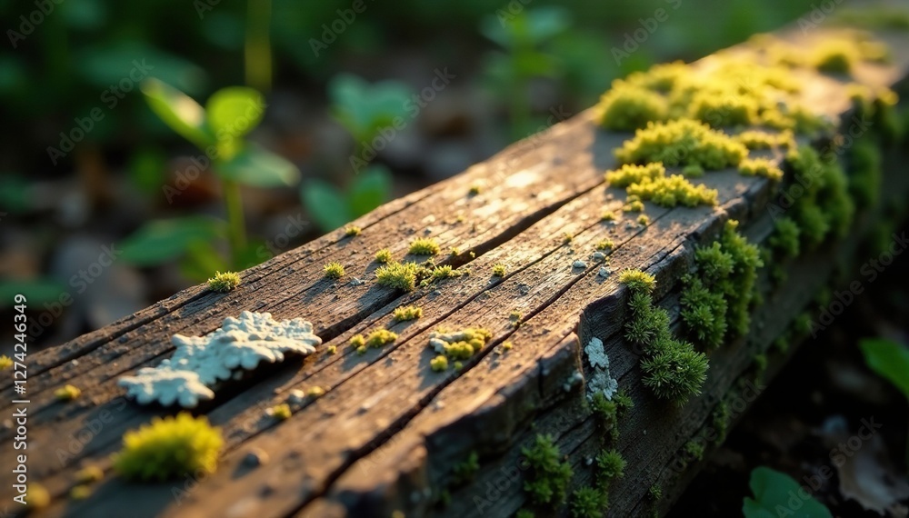 Wooden plank with lichen and moss in a shaded area, wood textures, moss, shaded woods Wooden plank with lichen and moss in a shaded area, wood textures, moss, shaded woods
