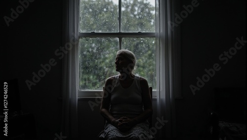 Contemplative elderly woman gazes out rain soaked window hands clasped in lap