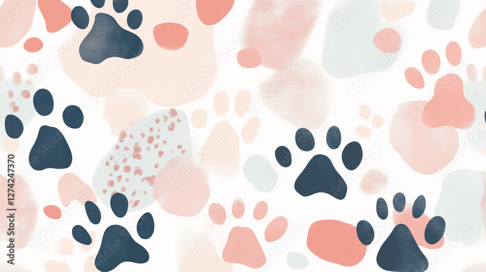 Soft paw-print motifs in pastel colors on clean abstract patterns. Appeals to pet lovers and vet clinics Soft paw-print motifs in pastel colors on clean abstract patterns. Appeals to pet lovers and vet clinics