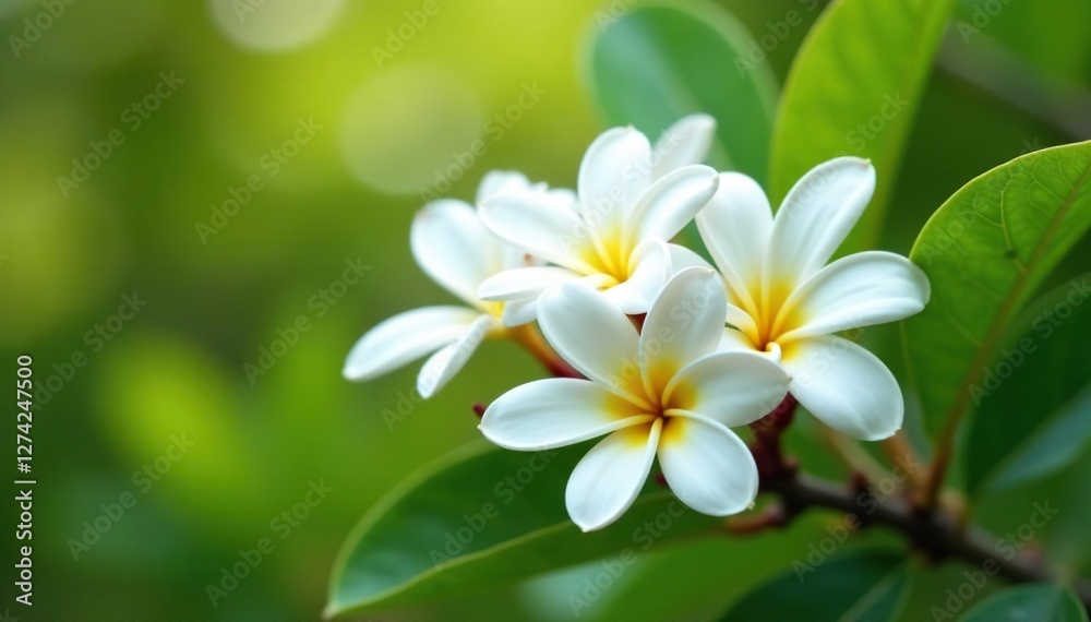Large white plumeria flowers bloom in clusters on a tree branch, greenery, blooms, garden Large white plumeria flowers bloom in clusters on a tree branch, greenery, blooms, garden