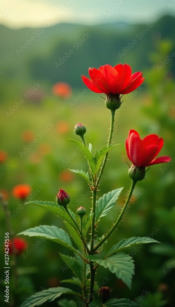 Red flowers on thorny stems in a field of greenery, thorns, red Red flowers on thorny stems in a field of greenery, thorns, red