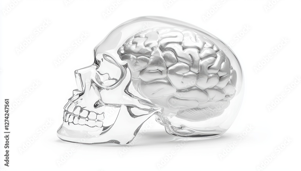 Fototapeta premium a pure white translucent skull with a silver brain, minimalist futuristic medical concept, clean and sleek rendering, isolated on white background