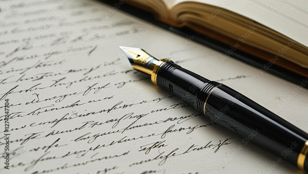 Fototapeta premium Black Fountain Pen with Gold Nib, Textured Paper with Ink Handwriting. Handwritten Document