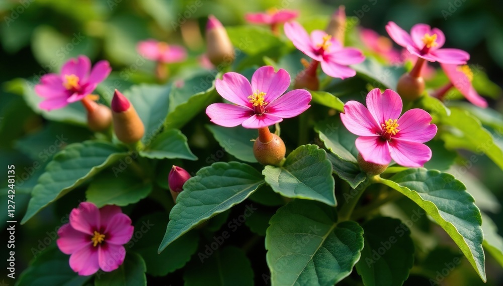 Large pink flowers with dark green potato-like tubers and leafy stems on a large shrub, potatoes, flora Large pink flowers with dark green potato-like tubers and leafy stems on a large shrub, potatoes, flora