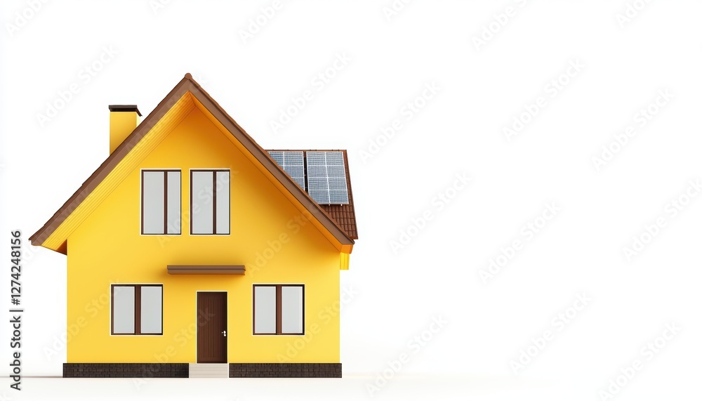a vibrant yellow house with a brown roof and high-efficiency solar panels, warm and sustainable energy theme, photorealistic rendering, isolated on white background a vibrant yellow house with a brown roof and high-efficiency solar panels, warm and sustainable energy theme, photorealistic rendering, isolated on white background
