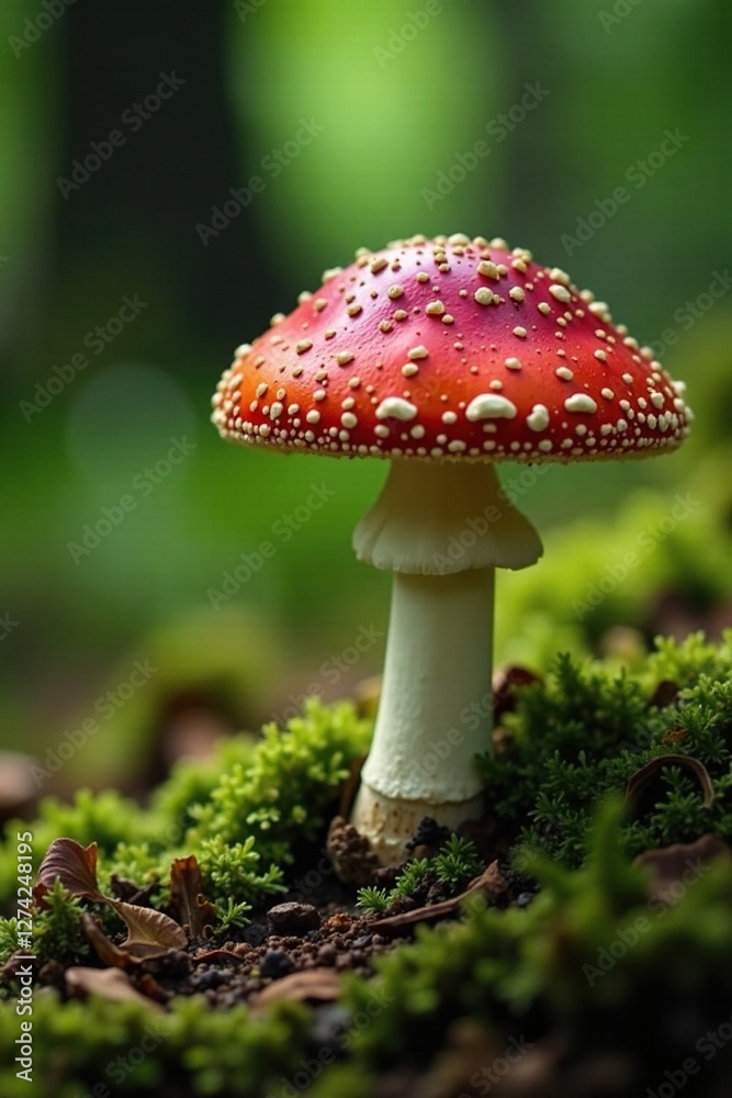 Red cap with white spots against green forest floor, forest floor, brown, mushrooms Red cap with white spots against green forest floor, forest floor, brown, mushrooms