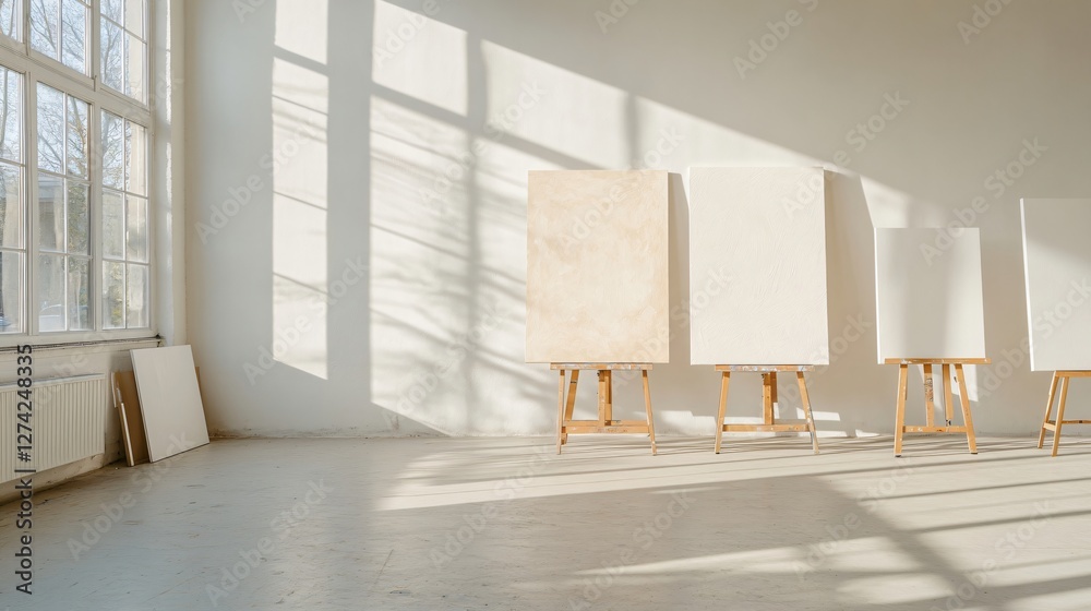 Fototapeta premium Modern art studio with blank canvases and wooden easels in sunlit white room with windows casting shadows. Empty gallery space for painting class or exhibition setup
