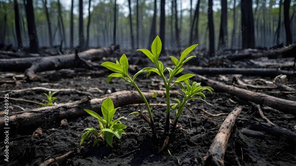 Obraz premium A young plant in the middle of burned down forest. A new hope concept, reboisation image.