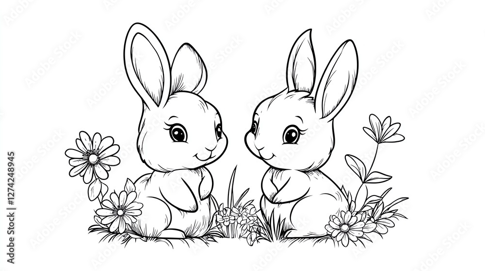 a bunny cartoon outline, spring theme, simple line art, black and white, isolated on white background