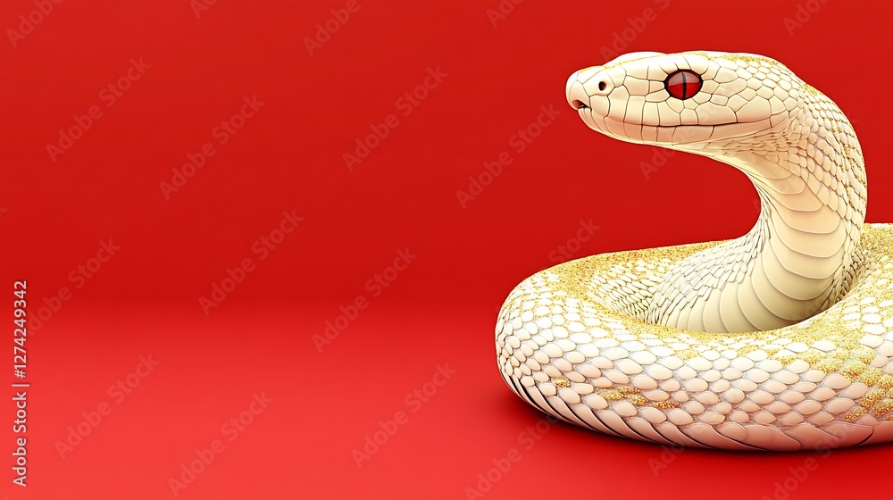 Fototapeta premium White snake with red eyes coiled on red background.