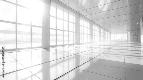Bright, modern white hallway with large windows and shiny floor.