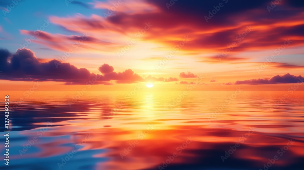 Fototapeta premium A breathtaking sunset over calm waters, reflecting vibrant hues of orange, pink, and purple in the sky. The serene landscape evokes a sense of tranquility and natural beauty.