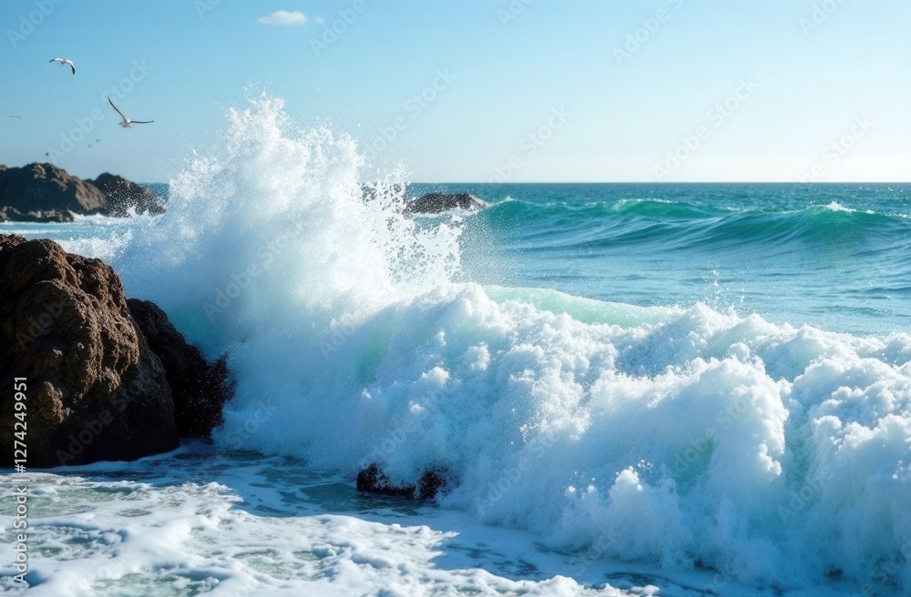Fototapeta premium Majestic ocean waves crashing on rocky coastline under clear blue sky