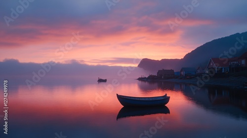 Fototapeta Naklejka Na Ścianę i Meble -  Tranquil fishing boats silhouetted on calm fjord water at dramatic pink sunset with norwegian coastal houses and mountains in background, scenic nordic landscape view