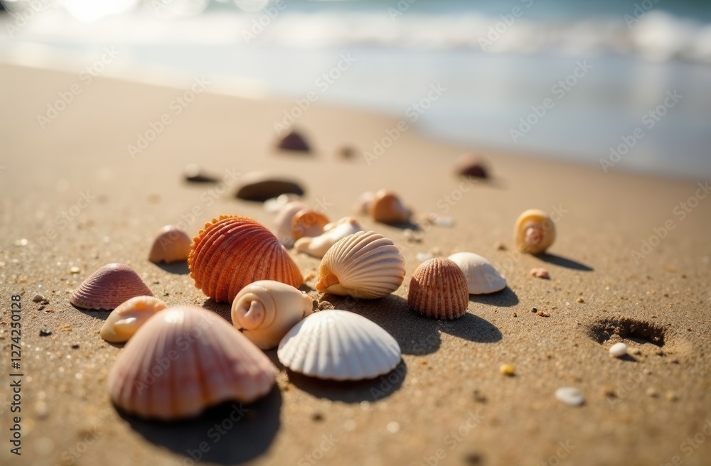 Colorful seashells on sandy beach with gentle ocean waves in background Colorful seashells on sandy beach with gentle ocean waves in background